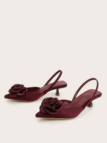 女士简约纯色尖头套脚鞋，百搭优雅派对风舒适时尚高跟鞋，饰有花卉图案，缎面鞋面 - 酒紅色 - 查看 2