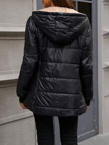 Jaqueta com Capuz Acolchoada Feminina, Tecido Tecido de Cor Sólida, Acolchoada, Adequada para Outono, Inverno, Primavera - Preto - Visão 2