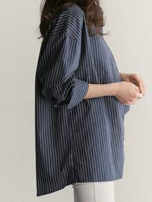 Nueva camisa BF de manga larga con rayas verticales azules veraniegas, estilo universitario, corte holgado, camisa moderna y versátil. - Azul - Ver 7