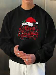 1pc Men's Christmas Sweatshirt - Polyester Knit, Long Sleeve, Round Neck, Santa Hat Print, Festive Merry Christmas Graphic, Loose Fit, Outdoor Hiking & Party Wear, Autumn-Winter Collection,Fall Hoodies,Men's Fall Clothes,Street Wear,Halloween,Mens Hoodies,Y2k Clothes,Jesus Hoodie,Thanksgiving Day,Nightmare Before Christmas,Christmas - màu đen - Xem 1