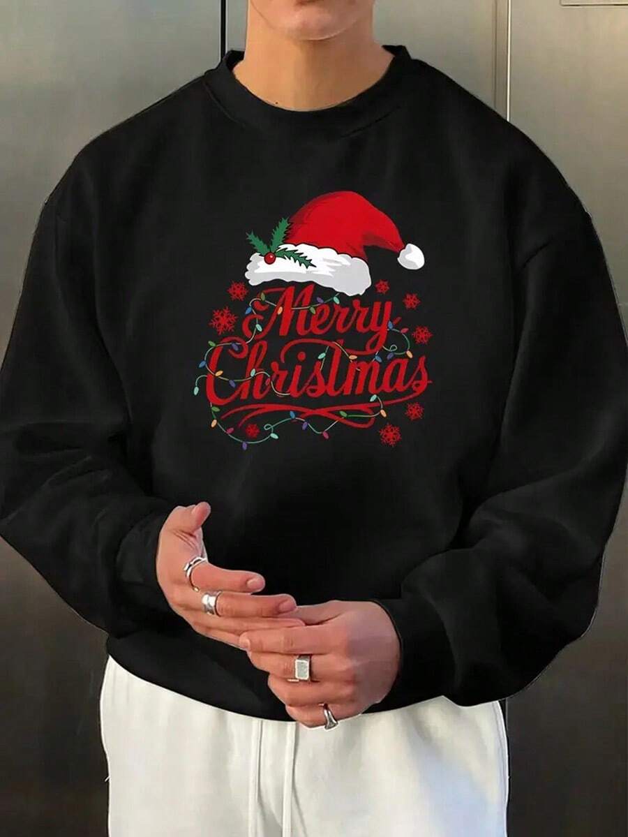 1pc Men's Christmas Sweatshirt - Polyester Knit, Long Sleeve, Round Neck, Santa Hat Print, Festive Merry Christmas Graphic, Loose Fit, Outdoor Hiking & Party Wear, Autumn-Winter Collection,Fall Hoodies,Men's Fall Clothes,Street Wear,Halloween,Mens Hoodies,Y2k Clothes,Jesus Hoodie,Thanksgiving Day,Nightmare Before Christmas,Christmas - màu đen - Xem 1