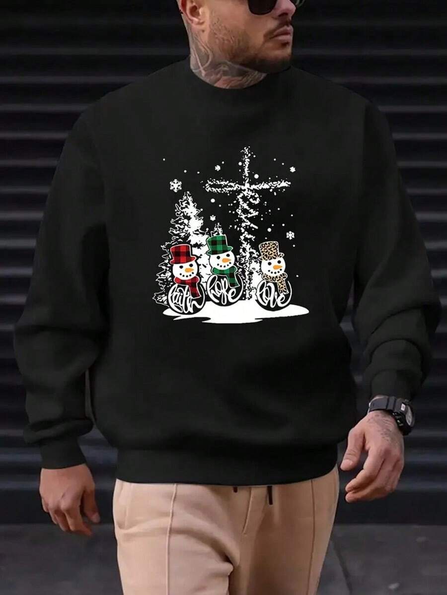 Merry Christmas Print Sweatshirt, Long-Sleeve Crew Neck Pullover, Casual Top For Autumn And Winter, Men'S Clothing,Fall Hoodies,Men's Fall Clothes,Street Wear,Halloween,Mens Hoodies,Y2k Clothes,Jesus Hoodie,Thanksgiving Day,Nightmare Before Christmas,Christmas - 黑色 - 查看 1