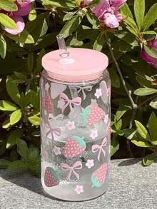 16 Oz Strawberry Floral Cup With Built-In Straw - Pastel Pink Leak-Proof Travel Water Bottle For Women, Gym, Camping, Birthday Parties - Cute Strawberry Bow Design, Valentine's Day, Mother's Day, Wedding Souvenir - Durable And Lightweight Plastic Drinkware, A Must-Have For Fitness Enthusiasts With Fun Aesthetics - 彩色 - 查看 5