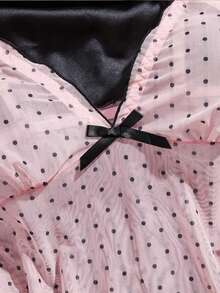 2-Piece Sexy Lingerie Set , Women's Elegant Polka Dot Mesh Nightgown With Ruffle Hem, Breathable Elegance Cute Sleepwear With Bow Decoration, Comfortable Fabric & Chic Everyday Loungewear - 粉色 - 查看 7