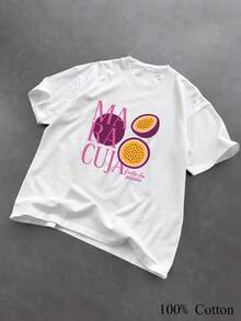 1PC 100% Cotton Maracuja Fruit Print Casual Style Short Sleeve TShirt, Trendy Women's Tee, Summer Top. - Blanco - Ver 1