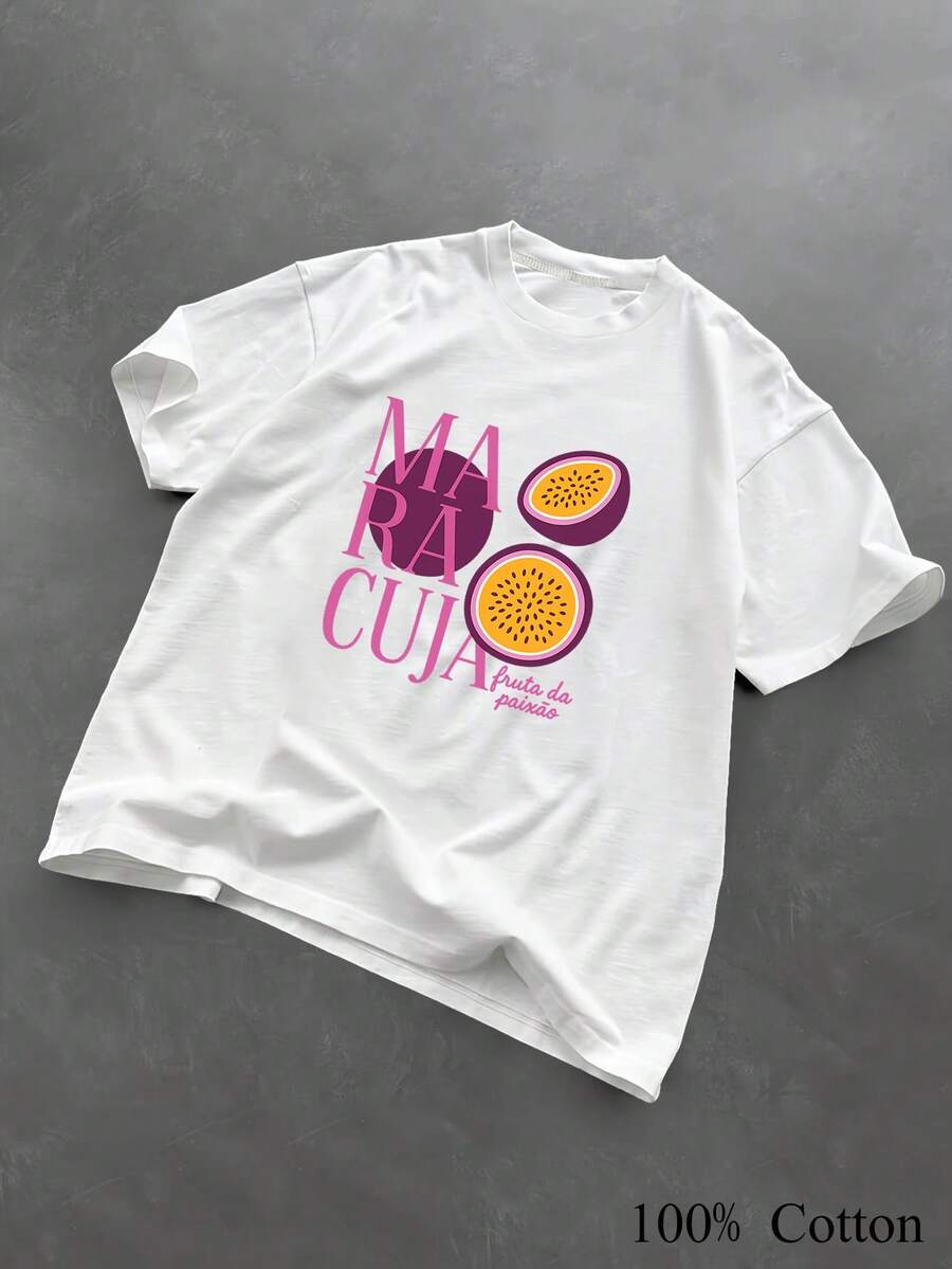 1PC 100% Cotton Maracuja Fruit Print Casual Style Short Sleeve TShirt, Trendy Women's Tee, Summer Top. - Blanco - Ver 1