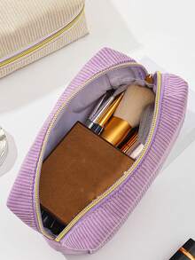 1pc Corduroy Zipper Pencil Case, Striped Design Pen Bag, Daily Small Items And Student Stationery Storage, Women's Cosmetic Pouch, Pen Organizer Bag, Back To School Essential Gift, School Supplies (Black)