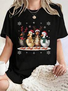 Plus Size Christmas Crew Neck Women's T-Shirt With Festive Ducks In Santa Hats Print For Holiday Season 220g