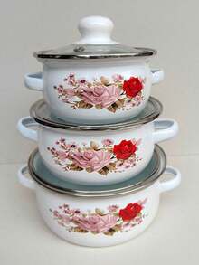 3件套搪瓷炊具套装，加厚双耳搪瓷烹饪锅，适用于燃气和电磁炉，包括带盖汤锅，搪瓷炖锅，搪瓷碗