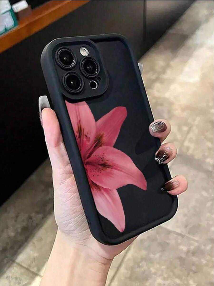 红色花卉图案软TPU防震保护手机壳，时尚美观，全方位保护，兼容 17/17 Air/17 Pro/17 Pro Max、16/16E、15/15 Pro/15 Pro Max、14/14 Pro/14 Pro Max、13/13 Pro/13 Pro Max、12、11 - 黑色 - 查看 1