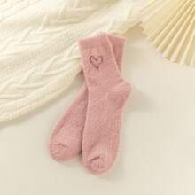 5 双秋冬女士心形刺绣貂皮毛绒袜子，加厚毛绒可爱睡眠/舞蹈中筒袜