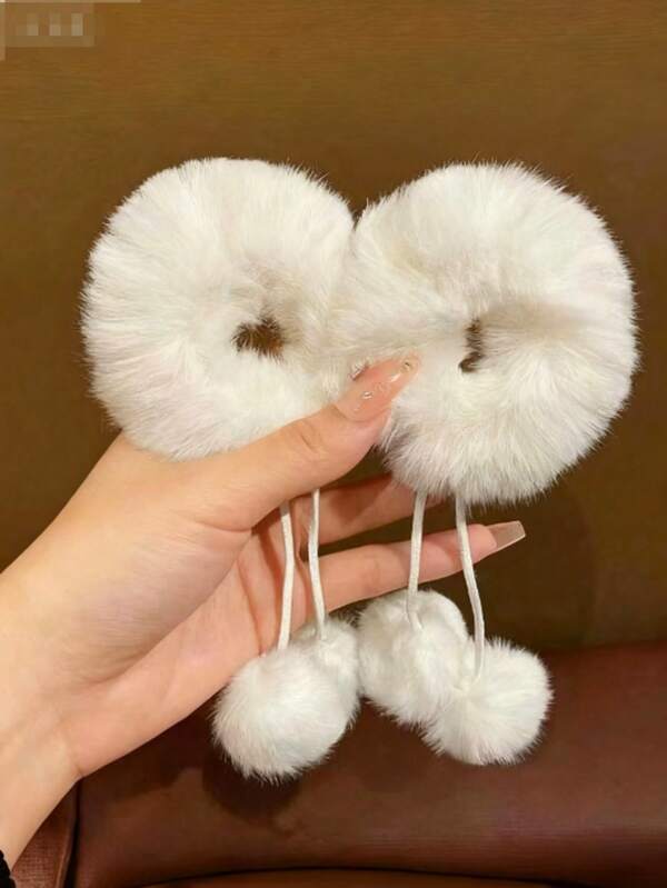 1 pièce/2 pièces Chouchous moelleux et blancs mignons, supports de chignon à couettes, accessoires capillaires girly , décoration capillaire d'hiver, élastiques à queue de cheval, élastiques à cheveux, bandes en caoutchouc pour cheveux, cordes à cheveux