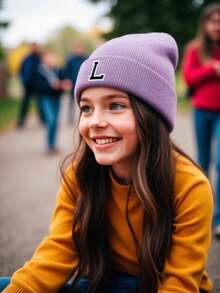 1 件儿童 A-Z 26 字母印花针织帽，柔软温暖秋冬头饰，适合婴儿少女女孩日常使用生日礼物 - 紫色 - 查看 2