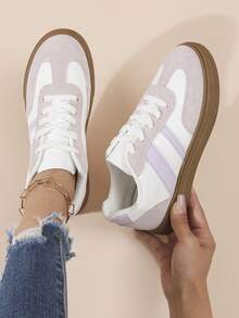 Plus Size Women's Candy Color Fashion Casual Lace-Up Flat Sneakers, Versatile For School And Sports