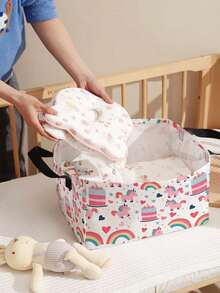 1pc Cartoon Pony Print Open Storage Box, Multifunctional Storage Basket With Handle, Holiday Gift, Mother's/Father's Day Gift, Baby Supplies Storage, Diaper Storage, Daily Organizer For Living Room, Bathroom, Kitchen, Foldable Clothes Storage, Cute & Lightweight, Suitable For Home, Kids, Nursery