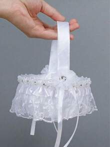 1pc Lace Trim Delicate White Flower Girl Basket For Wedding - White - View 2
