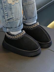 儿童一脚蹬拖鞋，2025秋冬新款，幼儿/小童/大童，室内/室外，毛茸茸，拼布，简约，软底，舒适 - 黑色 - 查看 5