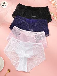 APRSEA 4Pcs Women's Sexy Lace-Panel Fashionable Minimalist Comfortable Women's Thong Panties - Multicolor - View 2