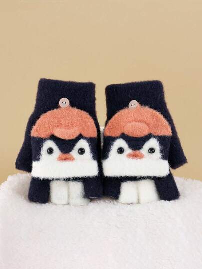 1 Pair Kids Cute Penguin Winter Warm Thickened Fingerless Gloves For Boys And Girls, Suitable For Cycling, Writing, Two-In-One Design