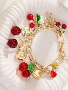 1pc Handmade Golden Cherry Bow Heart Charm Bracelet, Chunky Chain Bracelets, Spring/Summer Jewelry (Color And Shape May Vary Slightly) - Nhiều màu - Xem 5