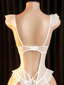 Two Piece Set Of Women's Lace Up Sexy Lingerie, Lace Patchwork Lace Up Bow Open Cut Jumpsuit, Role-Playing Sexy Lingerie - 白色 - 查看 6