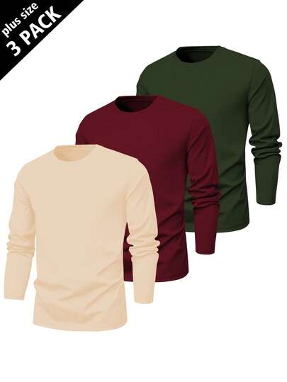 3pcs/Set Plus Size Men's Crew Neck Long Sleeve T-Shirts, Plus Size T-Shirt 3-Color Combination, Plus Size Men's T-Shirt Multi-Pack, Fall Clothes