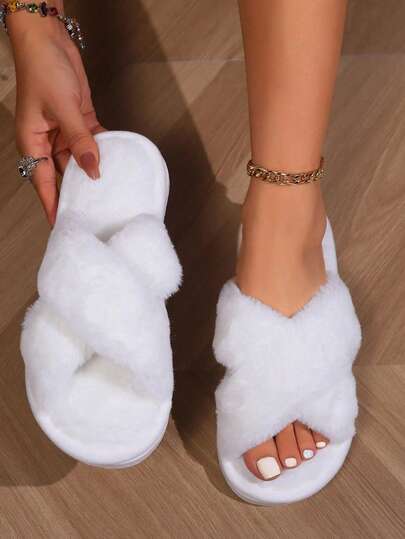 2025 New Style Women's Home Slippers Solid Color Double-Stitched Furry Slippers Fashionable Two-Strap White Plush Fluffy Slippers Indoor Soft And Light Home Slippers, Room Carpet Silent Newlywed Bridesmaid Slippers