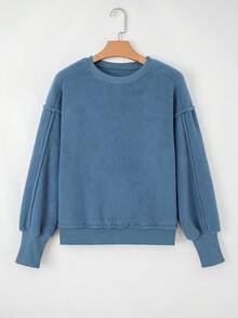 Acelitt Winter Women's Solid Color Plush Off Shoulder Bat Sleeve Patchwork Casual Round Neck Sports Shirt