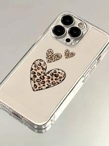 1 pieza Funda de teléfono transparente de TPU a prueba de golpes con estampado de leopardo en forma de corazón, compatible con iPhone 17/16/15/14/13/12/11 Pro Max, A55/54/53/52/51, S25/24/23/22/21 Ultra, unisex