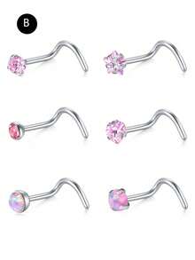 CIZME 6Pcs/Set Pink Nose Studs Nose Rings For Women 20G L Corkscrew Bone Nose Ring Nose Stud Stainless Steel Nose Screw Studs Nose Rings Studs Stainless Steel Nostril Nose Piercing Jewelry - Pink-a - View 11