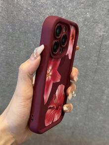 1pc Red Floral Pattern Soft TPU Shockproof Protective Phone Case, Fashion, Full-Body Protection, Compatible With IPhone 17/17 Air/17 Pro/17 Pro Max, 16/16E, 15/15 Pro/15 Pro Max, 14/14 Pro/14 Pro Max, 13/13 Pro/13 Pro Max, 12, 11 - Burgundy - View 5