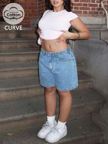 Women's Light Blue Plus Size Washed Denim Bermuda Shorts - Minimalist Solid Casual Street Style Summer Bottoms - Light Wash - View 2