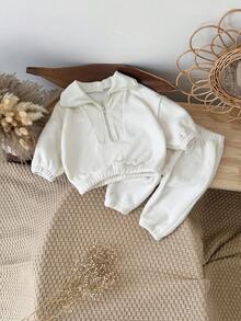 2pcs/Set Toddler Baby Girls' White Long Sleeve Sweatshirt And Pants Warm Thickened Winter Outfit - Beige - View 4