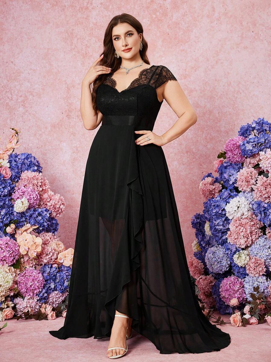 Vestido de dama de honor elegante para mujer talla grande con collar de rhinestones, empalmado de encaje, color liso, volantes de gasa y cintura ceñida