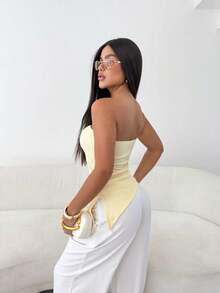 Women's Asymetrical Ribbed Dress - With Pads - Side Slit Simple Casual Backless Asymmetrical Split Evening - 糖果黃 - 查看 2