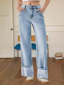 Womens Baggy Jeans Boyfriend Wide Leg Denim Pants Mid Rise Casual Cuffed Hem Jeans With Pockets Fall Outdoor Sweatpants Camping Outfit - 淺藍色 - 查看 1