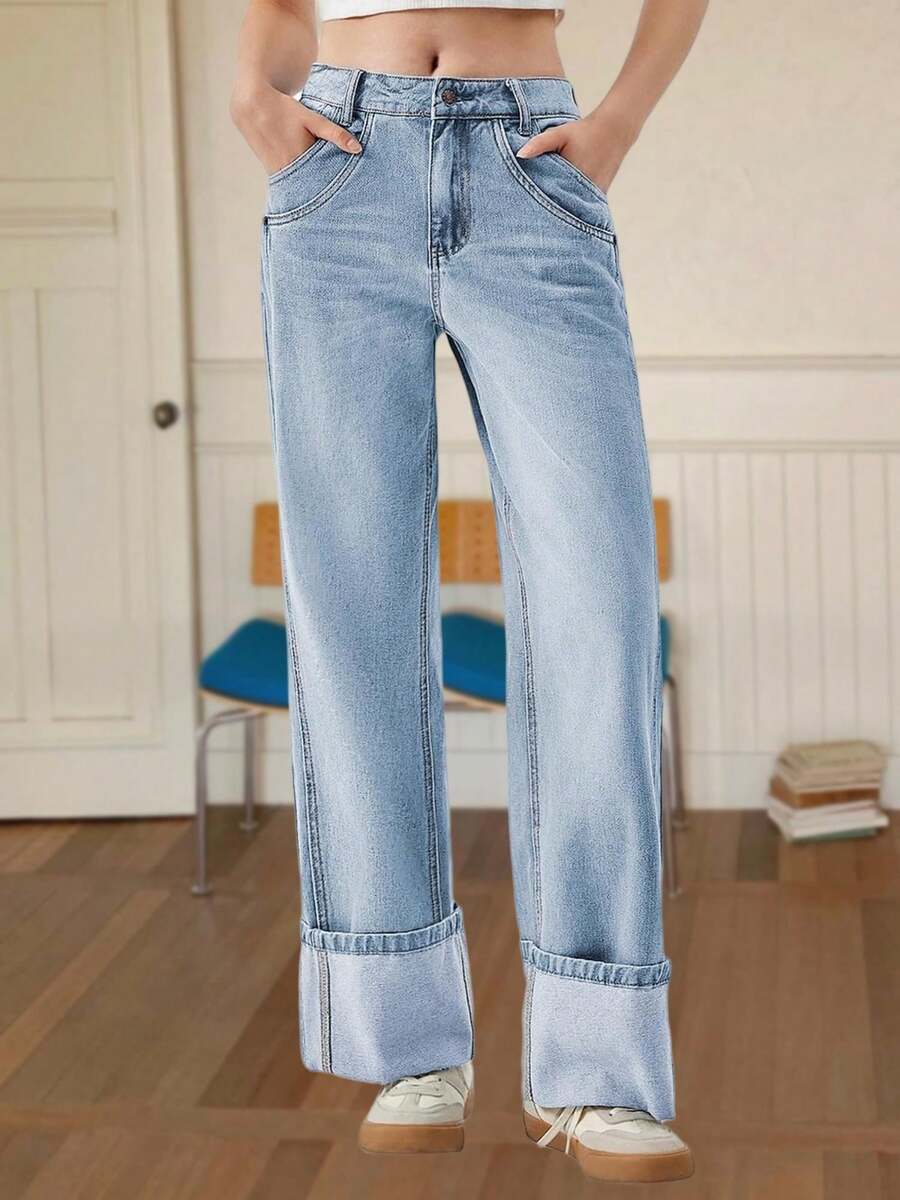 Womens Baggy Jeans Boyfriend Wide Leg Denim Pants Mid Rise Casual Cuffed Hem Jeans With Pockets Fall Outdoor Sweatpants Camping Outfit - 淺藍色 - 查看 1