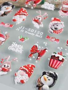 2 folhas de adesivos de unhas de veado de Natal 5D em relevo branco vermelho veado luzes de Natal urso pinguim design adesivo desenho animado urso decalque decoração de arte de unha - Multicolorido - Ver 3