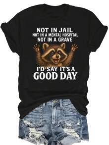 [Camiseta de Moda Casual] Camiseta de Mujer Suave y Cómoda - Cita Motivacional de Mapache Casual de Manga Corta Cuello Redondo, Regalo Perfecto para Abuela y Mamá, Uso Casual de Primavera Verano - Negro - Ver 1