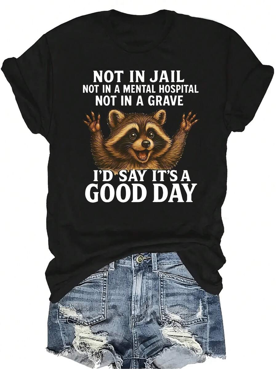 [Camiseta de Moda Casual] Camiseta de Mujer Suave y Cómoda - Cita Motivacional de Mapache Casual de Manga Corta Cuello Redondo, Regalo Perfecto para Abuela y Mamá, Uso Casual de Primavera Verano - Negro - Ver 1