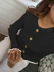 Women's Autumn Graduation Season Casual Crewneck Butter Yellow Ruffle Button Knitted Top Pullover Work/Office - Black - View 6