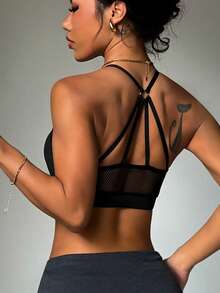 Damen Sport-BH Top, schwarzes Mesh-Patchwork, modische & bequeme Strick-Unterwäsche