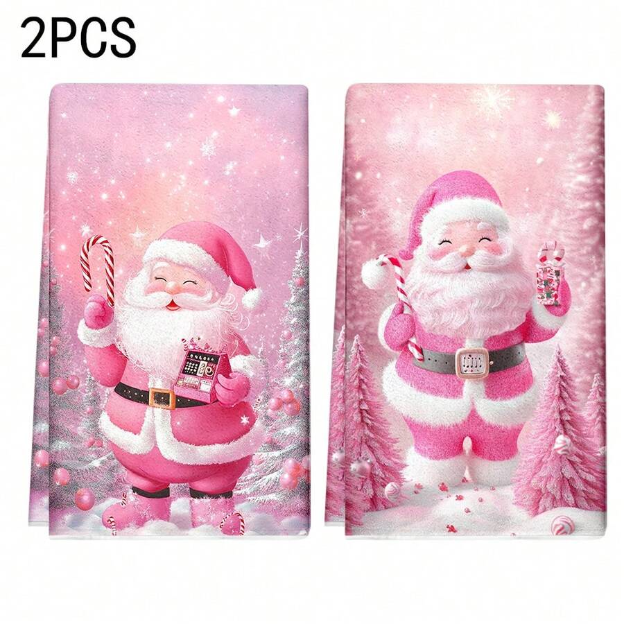 12pcs/100pcs Christmas Pink Santa Claus And Christmas Tree Pattern Dishcloths, Suitable For Restaurants, Kitchens, Bathrooms, Daily Decoration, Daily Family Party Decoration, Home Decoration, And Brightly Colored Household Items. It Can Be Given As A Gifts