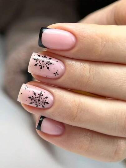 24 Peças Unhas Postiças Curtas Pressione Unhas de Natal Pretas com Flocos de Neve, Adequadas para Uso Diário, Suprimentos de Unhas Postiças