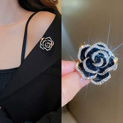 1pc Sparkling Black Camellia Brooch, Made Of Alloy, Enamel Pins For Ladies,Ideal For Pairing With Suits, Shirts, Jackets, Dresses, Showcasing Elegance And Style Christmas Gift
