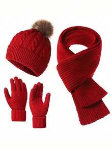 3pcs Winter 2025 New Women Thick Knitted Beanie Hat, Scarf & Gloves Set, Outdoor Cycling Warm 3 Pieces Suit, Unisex Solid Color Winter Warm Valentines Gift - Multicolor - View 3