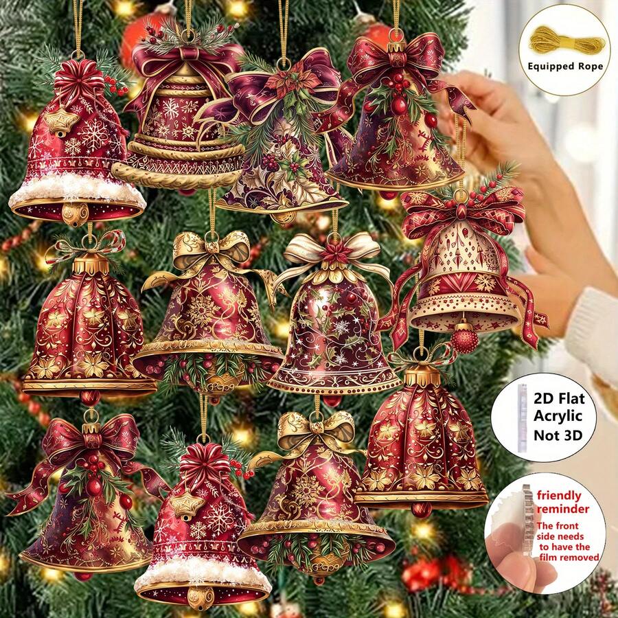 Decorațiuni acrilice 2D plate, 8 buc. clopoței de Crăciun victorieni vintage - perfecte pentru consumabile de petrecere de Crăciun, decorațiuni pentru brad, sărbători, ornamente DIY pentru cadouri, decor de casă durabil, ușor, stil clasic, lucrat manual, 2D
