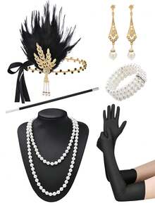 D EXCEED 2/5/6件套 1920年代女士时尚配饰套装 – 复古发箍、人造珍珠项链、耳环、手镯、手套 – 适合盖茨比主题派对、复古婚礼招待会 - 彩色 - 查看 25