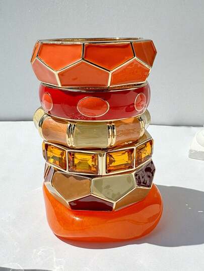 1pc Vibrant Asymmetric Orange Patchwork Asymmetrical Geometric Metal Bangle, Fashionable Exaggerated Charm New Style Stackable Jewelry For Women