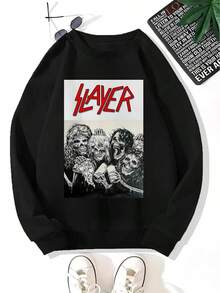 SLAYER Five Skulls, Men's Hoodie, Round Neck, Loose Fit, Casual, Autumn-Winter Season, Personality Print, Long Sleeve Fleece-Lined Sweatshirt,Fall Hoodies,Men's Fall Clothes,Street Wear,Halloween,Mens Hoodies,Y2k Clothes,Jesus Hoodie,Thanksgiving Day,Nightmare Before Christmas,Christmas - 黑色 - 查看 1